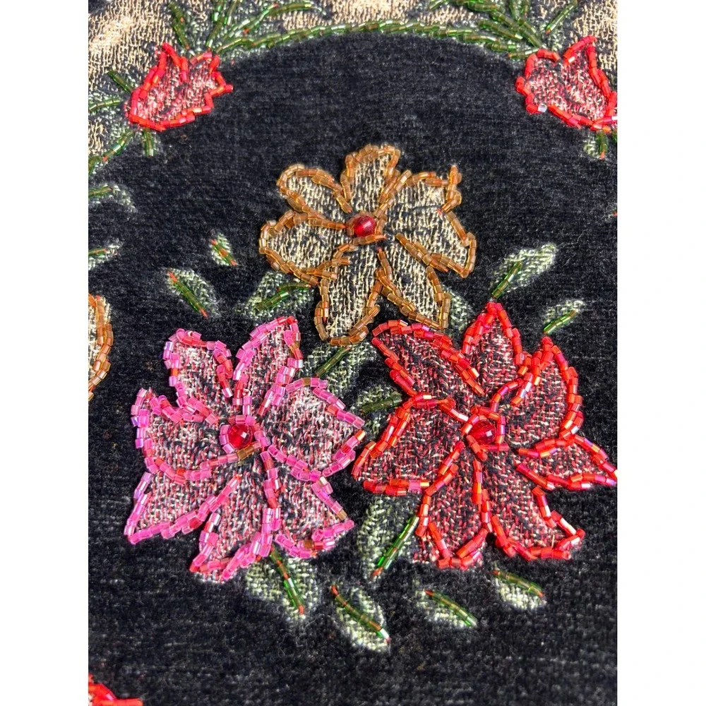 Vintage Hexagonal Velvet Floral Beaded Table Dresser Runner Tassel Accent